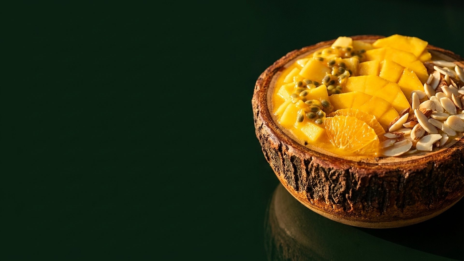 Coco’s Sunrise smoothie bowl in a bark bowl